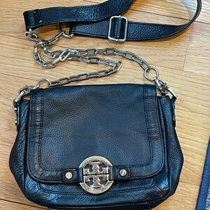 Tory Burch Black Leather Crossbody Bag with Silver Chain